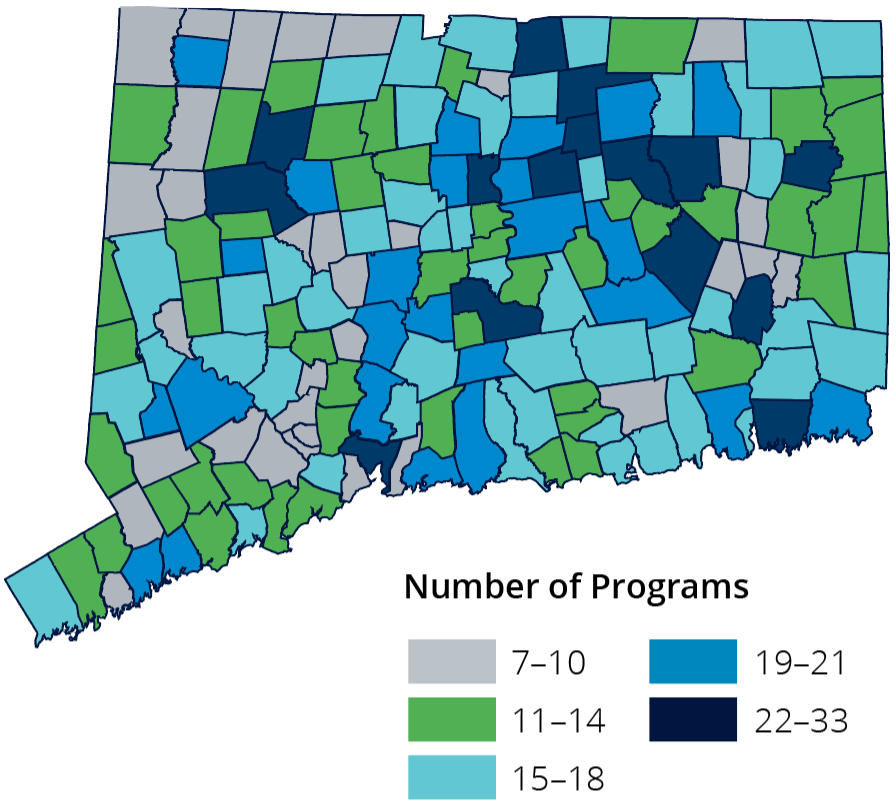 Map of Connecticut showing number of extension program active in each town.