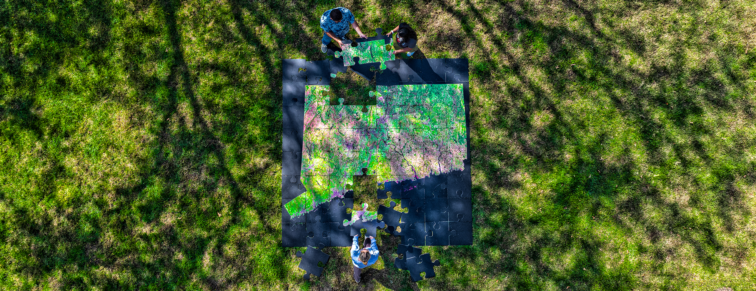 students putting together a large CT puzzle in the grass